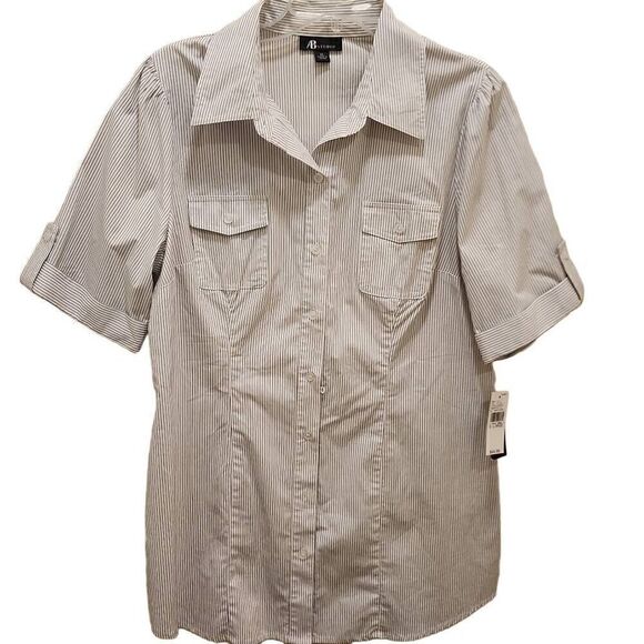 AB Studio Striped Button Front Blouse Woven Watch Pattern Women's Size XL Cotton - Picture 1 of 11